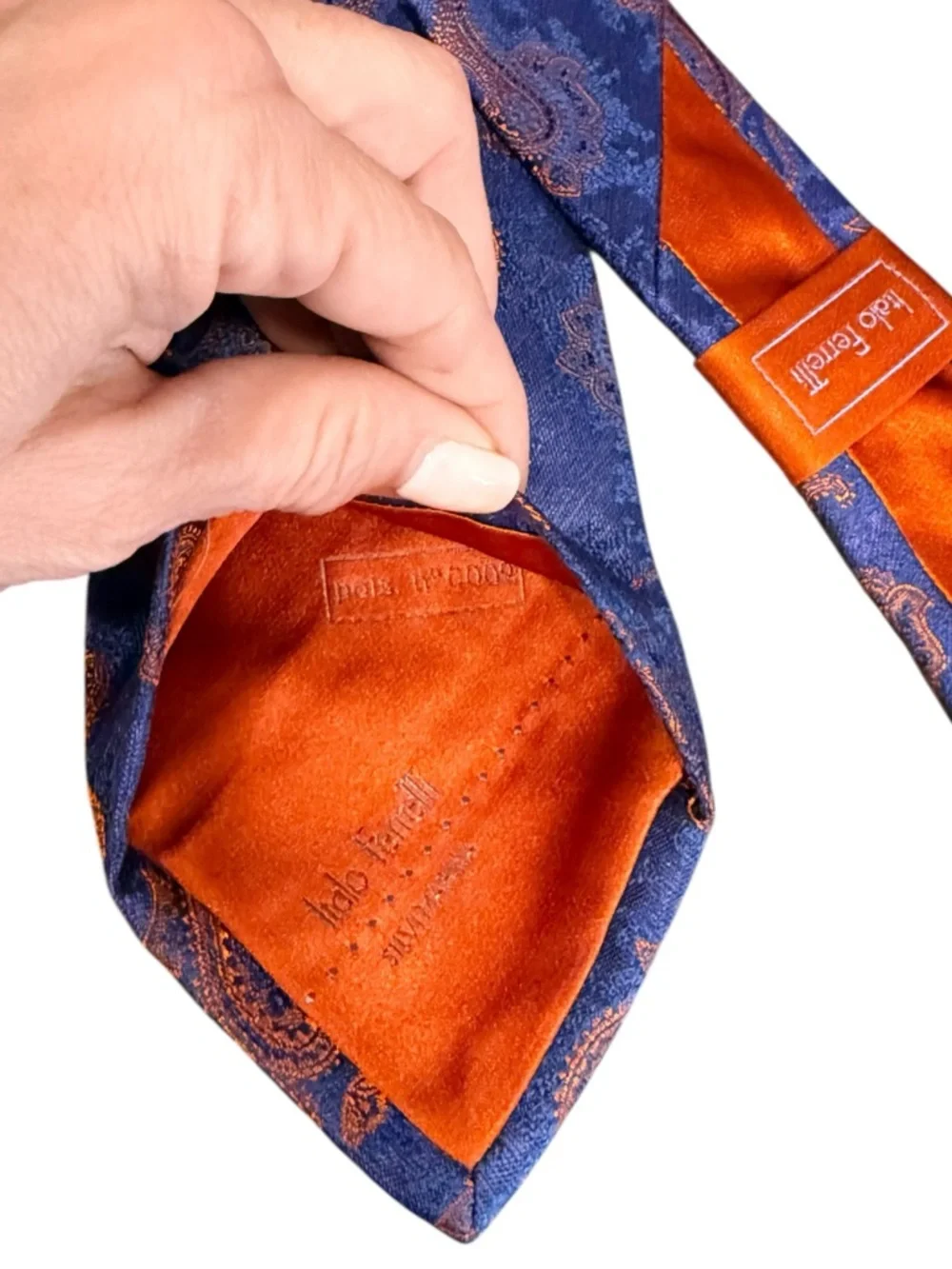 NWT Italo Ferretti 7-Fold Silk Necktie Navy Orange Paisley Hand Made Italy - Picture 7 of 9